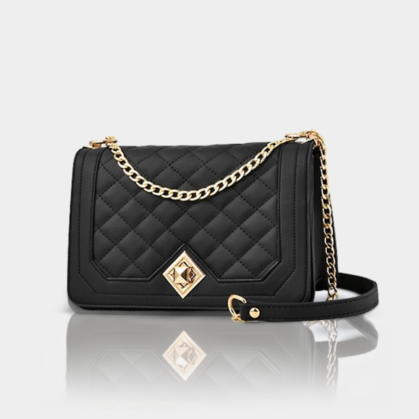 Black quilted handbag with gold chain