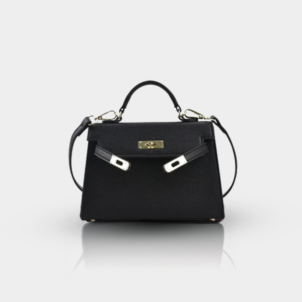 Black leather handbag with gold accents.