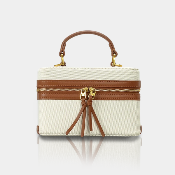 Elegant white handbag with brown accents