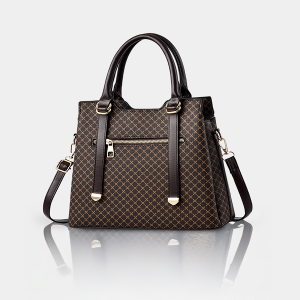 Luxury brown handbag with black leather straps