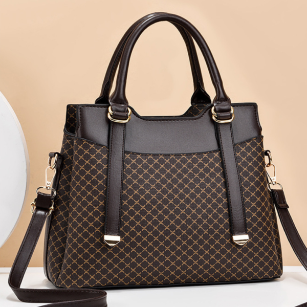 Stylish black handbag with brown pattern design